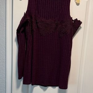 Purple Ribbed Long Sleeve Top with Floral Detail